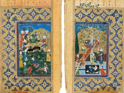 Piknik. Miniatűr Yusuf és Zulaikha című filmből: József legendája és Potifár felesége, Jami alkotó: Iranian Master