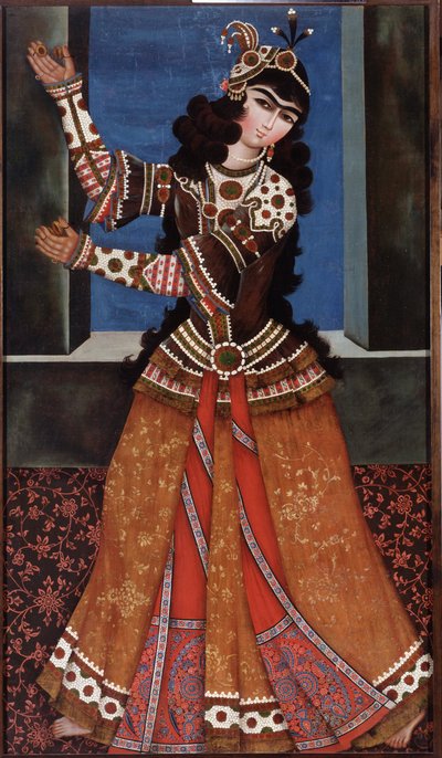 Táncos kasztanyettekkel - Iráni mester festménye, olaj, vászon (158x90 cm), 19. század eleje - Táncoló lány kasztanyettákkal, Olaj, vászon iráni mestertől, 19. század eleje - Állami Ermitázs, Szentpétervár alkotó: Iranian School