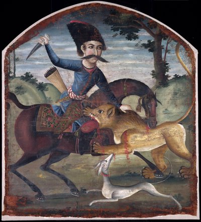 Oroszlán által megtámadt lovas vadász, a 18. század közepe (lásd: 200944) alkotó: Iranian School