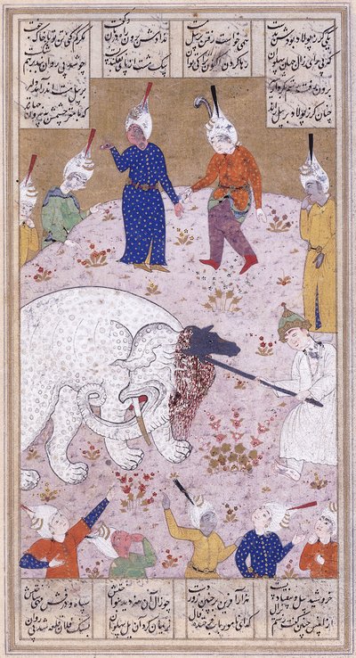 Az ifjú Rustem megöli a fehér elefántot, 1545 körül alkotó: Iranian School
