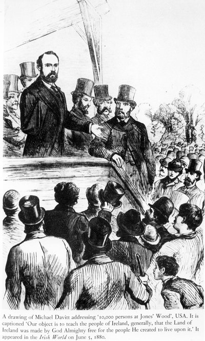 Michael Davitt beszédet mond 100 000 emberhez a Jones Woodban, USA-ban, az Irish Worldtől, 1880. június 5. alkotó: Irish School