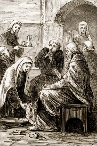 Szent Brigit egy püspököt szórakoztat a Trias Thaumaturga, avagy Írország három csodatevő szentje című filmből, Mary Cusack (1829-99) 1890-es évek körüli kiadásában alkotó: Irish School