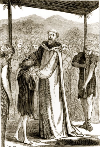 St. Columba megáld egy vadfiút, a Trias Thaumaturga, vagyis Írország három csodatevő szentje című művéből, Mary Cusack (1829-1899) 1890-es években jelent meg. alkotó: Irish School