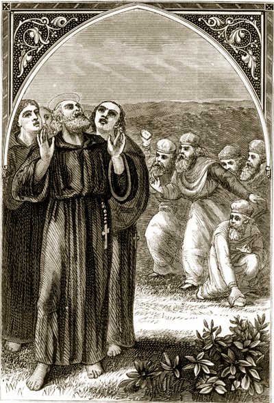 A druidák által kántáló és a druidák által megtámadt Szent Kolumbát Mary Cusack (1829-99) A Trias Thaumaturga, avagy Írország három csodatevő szentje című művéből, az 1890-es évek körül megjelent alkotó: Irish School