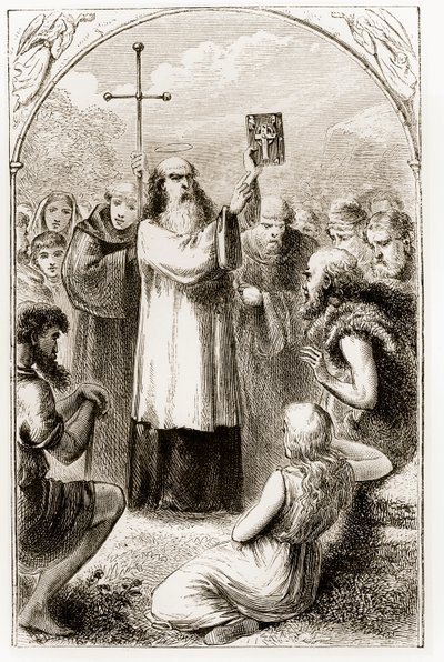 Szent Patrik, aki az 1890-es évek körül megjelent Mary Cusack (1829-99) The Trias Thaumaturga-ból vagy Írország három csodatevő szentjéből mutatja be az ír népnek a négy evangéliumot alkotó: Irish School