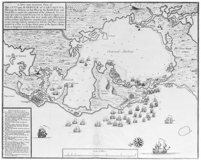 Cartagena városának és kikötőjének új és pontos terve, amely megmutatja a brit flotta és szárazföldi erők által Vernon és Ogle admirálisok és Wentworth tábornok parancsnoksága alatt 1741 márciusában és áprilisában végrehajtott leereszkedést... alkotó: Isaac Basire