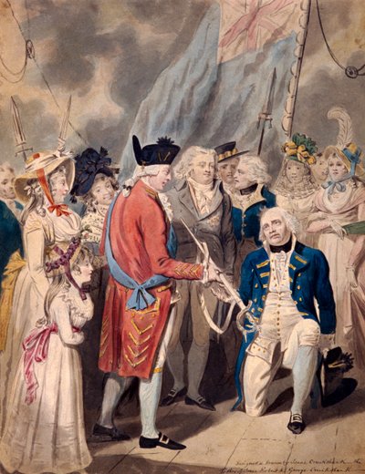 „III. György kardot ajándékoz Earl Howe admirálisnak”, 1794. alkotó: Isaac Cruikshank