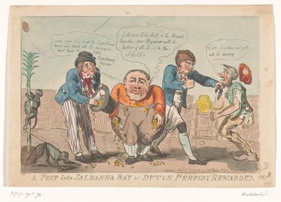 Karikatúra, amely a Bataviai flotta kapitulációját ábrázolja a Saldanha-öbölben, 1796 Bepillantás a Saldanha-öbölbe vagy a holland Perfidy Jutalma (cím a tárgyon) alkotó: Isaac Cruikshank