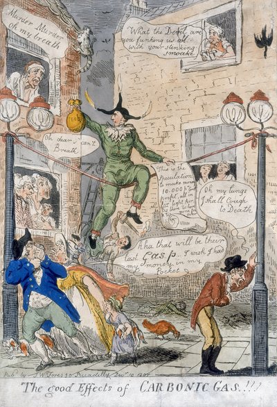 A széngáz jó hatásai!, 1807 (kézzel színezett metszet) alkotó: Isaac Cruikshank