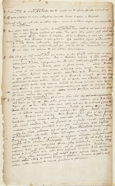 Kísérlet rögzítése hat szakaszban, desztillációval, majd elégetéssel, további lepárlással, főzés, kalcinálás és szublimáció, 1700 körül alkotó: Isaac Newton