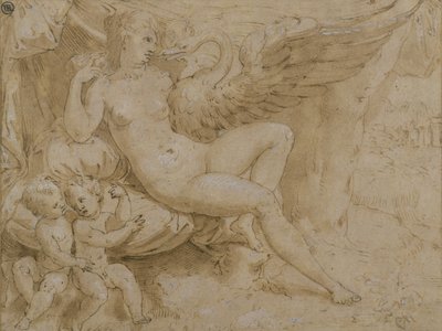 Leda és a hattyú (toll és tinta, mosás és fehér testszín papíron) alkotó: Isaac Oliver