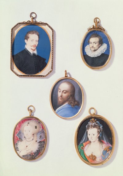Miniatűrök. balról jobbra, balról balra: Sir Arundel Talbot; Ismeretlen férfi; Krisztus feje; Dán Anna (1574-1619); Hölgy maszkos ruhában. alkotó: Isaac Oliver