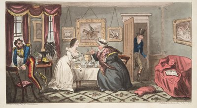 A Bath Beau és Frail Belle vagy a Mr B. és Miss L. az angol kémből, pub. 1824 (kézzel színezett metszet) alkotó: Isaac Robert Cruikshank