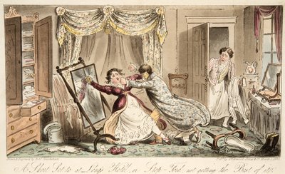 Rövid készlet a Longs Hotelben vagy a Stop-Fordban, ami nem hozza ki a legjobbat a The English Spy pubból. 1824 (kézzel színezett metszet) alkotó: Isaac Robert Cruikshank