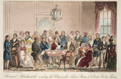 Bernard Blackmantle előadását olvassa a Covent Garden Színház Green Roomjában, az angol kém kocsmából. 1824 (kézzel színezett metszet) alkotó: Isaac Robert Cruikshank