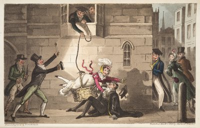 Proctor sapkázása vagy oxfordi bikakutyák pimasz csempészeket észlelve, az angol kémből, London, 1824 (kézzel színezett gravírozás) alkotó: Isaac Robert Cruikshank