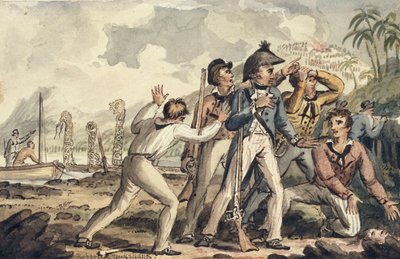 Burney kapitány felfedezi meggyilkolt hajótársait", Cook kapitány utazásaiból alkotó: Isaac Robert Cruikshank