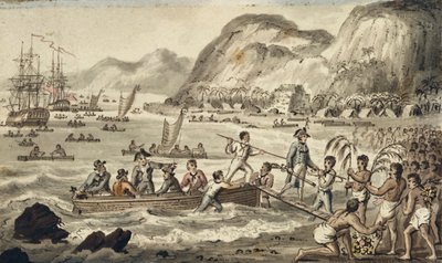 Cook kapitány partra száll Owyhee-ben, illusztráció a "Cook kapitány utazásaiból" alkotó: Isaac Robert Cruikshank