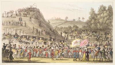 Eton Montem és a Mount, Salt Hill, az angol kémből, pub. 1824 (kézzel színezett metszet) alkotó: Isaac Robert Cruikshank