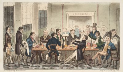 Este és jó hangulatban, egy jelenet a Longs Hotelben, a Bond Street-ben, az angol kém kocsmából. 1824 (kézzel színezett metszet) alkotó: Isaac Robert Cruikshank