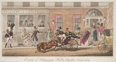 A Fishmongers Hall külseje, St James Street, kilátással a rendszeres leállásra, a The English Spy pubból. 1824 (kézzel színezett metszet) alkotó: Isaac Robert Cruikshank