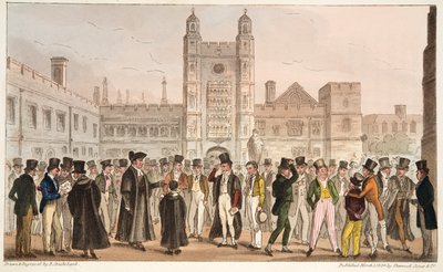 First Absence, avagy Etonians Answering Morning Master Roll, az angol kém 1824-ben megjelent könyvéből (kézzel színezett metszet) alkotó: Isaac Robert Cruikshank