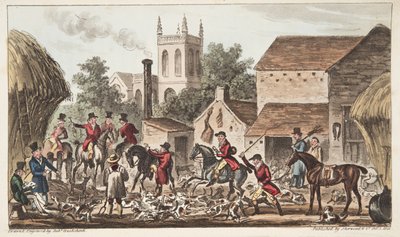 Kimenni; A Berkeley Hunt Kennel képe, az angol kémből, 1824-ben megjelent (kézzel színezett metszet) alkotó: Isaac Robert Cruikshank