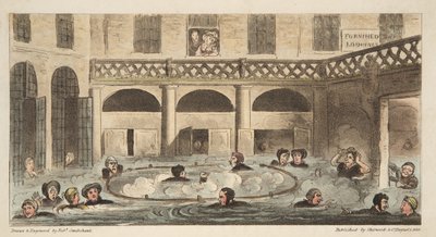 Nyilvános fürdőzés Bathban vagy Strewing Alive, az angol kémből, pub. 1824 (kézzel színezett metszet) alkotó: Isaac Robert Cruikshank