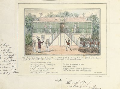 John Morgan letartóztatása, Szingapúr, Merchant, Szingapúr, 1824. október, John Crawford Esq. rezidens, korábban a vállalati szolgálat orvosa, kései bírósági nagykövet, Bangkok, Sziam és Umrapoorah, Burmai Birodalom, 1827. május alkotó: Isaac Robert Cruikshank
