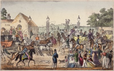 Érkezés, vagy Cockney Land nyugati bejárata (színes metszet) alkotó: Isaac Robert Cruikshank