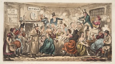 The Buff Club at the Pig and Whistle, Avon Street, Bath, The English Spy, pub. London, 1824 (kézzel színezett metszet) alkotó: Isaac Robert Cruikshank