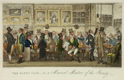 The Daffy Club, or a Musical Muster of the Fancy, megjelent 1824-ben (színes litográfia) alkotó: Isaac Robert Cruikshank