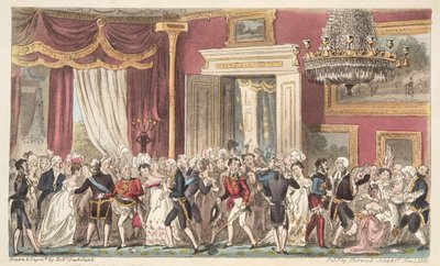 Az este a körteremben; vagy egy Squeeze at Carlton Palace, az angol kém, kocsma. 1824 (kézzel színezett metszet) alkotó: Isaac Robert Cruikshank