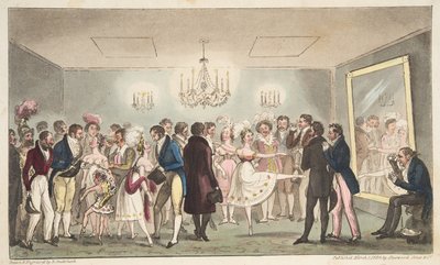 The Green Room of the Kings Theatre, avagy nemes amatőrök külföldi érdekességeket nézegetve, The English Spy, pub. 1824 (kézzel színezett metszet) alkotó: Isaac Robert Cruikshank