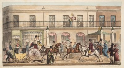 The High Street, Cheltenham, az angol kémből, pub. 1824 (kézzel színezett metszet) alkotó: Isaac Robert Cruikshank