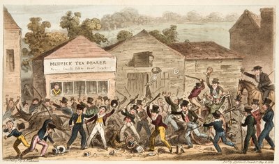 The Tea Pot Row at Harrow, vagy a Battle of Hog Lane, az angol kém, kocsma. 1824 (kézzel színezett metszet) alkotó: Isaac Robert Cruikshank