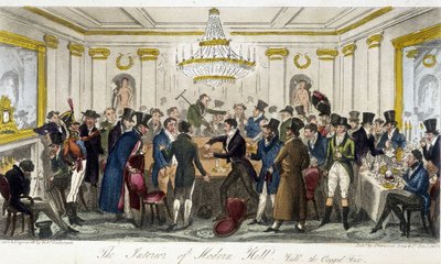 A Modern Hall belseje – Charles Molloy Westmacott „Az angol kém” című művében, Robert Cruikshank rajza, London Edition alkotó: Isaac Robert Cruikshank