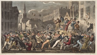 Town and Gown, az angol kémből, pub. 1824 (kézzel színezett metszet) alkotó: Isaac Robert Cruikshank