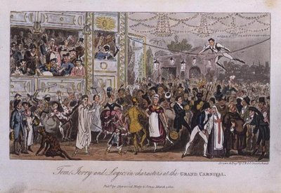 Tom, Jerry és Logic a Grand Carnival szereplőiben, Pierce Egan „Life in London” című művéből alkotó: Isaac Robert and George Cruikshank