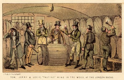Tom, Jerry és Logic bort kóstolnak az erdőben, a London Docksban alkotó: Isaac, Robert and George Cruikshank