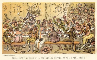 Tom és Jerry álarcos vacsorán lustálkodnak, az Operaházban alkotó: Isaac, Robert and George Cruikshank