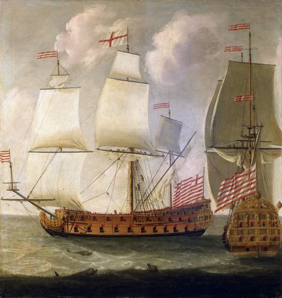 Az "Indiaman" nevű fegyveres hajó kettős leírása III. Vilmos (III. Vilmos) angol király (1650-1702), a Kelet-indiai Társaság idejéből. alkotó: Isaac Sailmaker