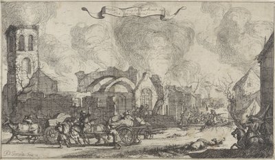 A francia csapatok fosztogatva és tüzelve vonulnak át Nigtevecht falu romjain, 1672 Tizenhárom képből álló sorozat a franciák által 1672-ben elpusztított Utrecht tartomány falvairól és kastélyairól (sorozat címe) alkotó: Isaac Sorious