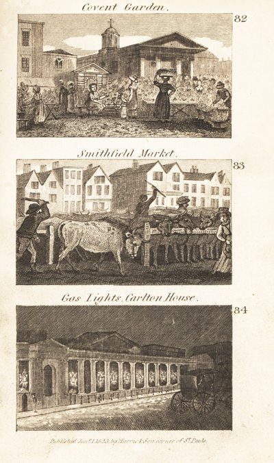 Kereskedelem a Regency Englandben: Covent Garden, Smithfield Market és gázlámpák a Carlton House-on alkotó: Isaac Taylor