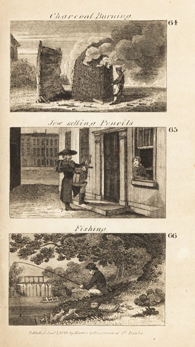 Kereskedelem a Regency Englandben: szénégetés, zsidók ceruzát árulnak és horgászat alkotó: Isaac Taylor