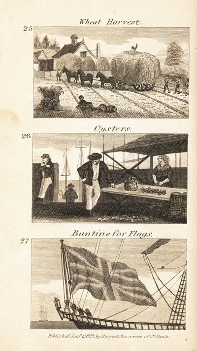 Kereskedelem a Regency Englandben: búza aratás, osztriga és buntine zászlókért alkotó: Isaac Taylor