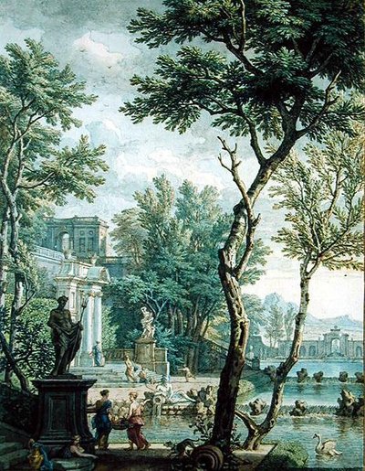 Ideális palota és park (toll és barna tinta és wc papíron) alkotó: Isaac de Moucheron