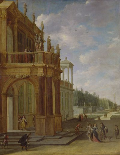 Emberek egy palota teraszán alkotó: Isaac van Nickele