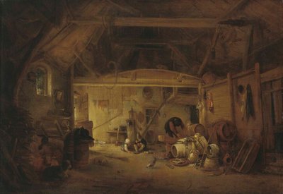 Német: Scheuneninterieur Pajtabelső, két gyermek eszik és egy férfi dolgozik alkotó: Isaac van Ostade