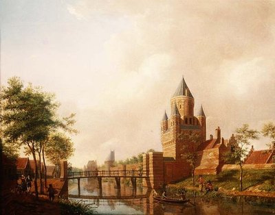 Kilátás a haarlemi Kleine Houtpoortról (Kis átjáró) a Grote Houtpoorttal (Nagy átjáró) a háttérben alkotó: Isaac Ouwater